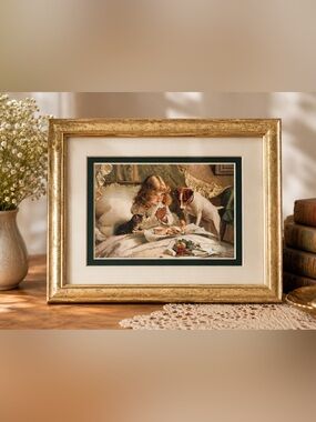 Framed Vintage Child Praying Print Gold Frame Cottagecore Wall Art 11x13